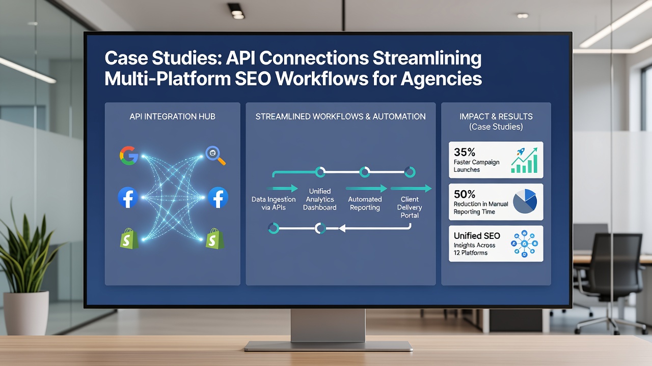 Workflow diagram showing API data flow between SEO tools and agency reporting platforms